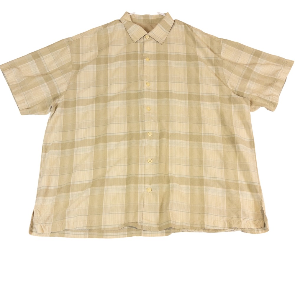Tommy Bahama Mens XXL Tan Plaid 100% Silk Short Sleeve Button Front Camp Shirt